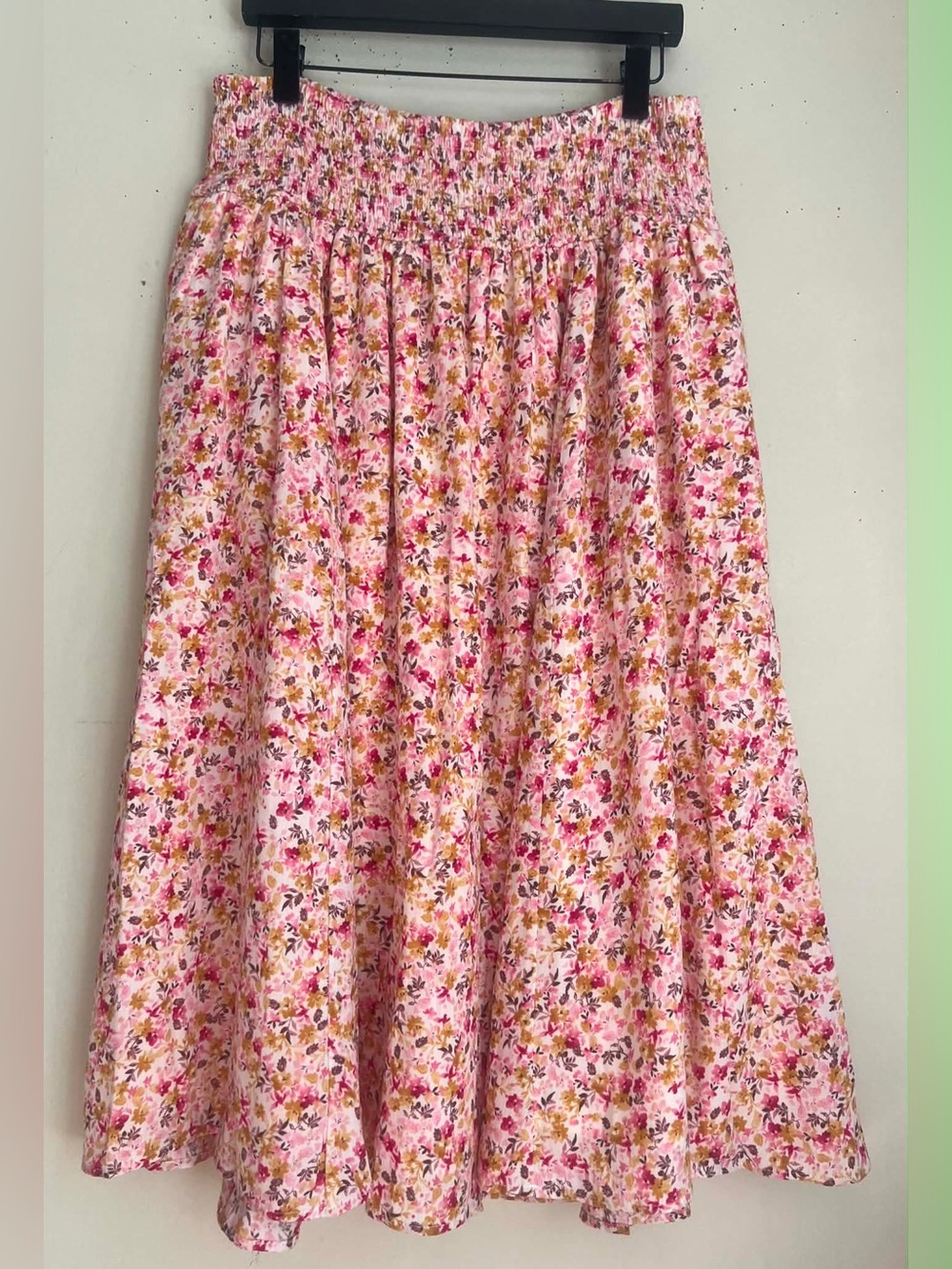 torrid Pink Floral Smocked Midi Skirt with Yellow Accents